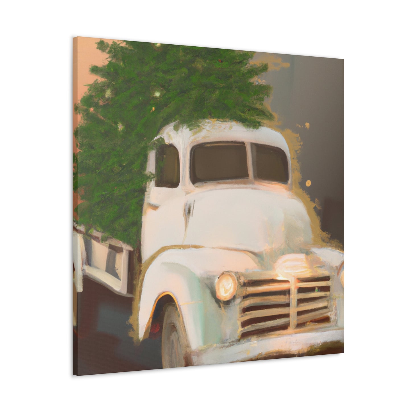 This is a unique antique piece that would look great in any Art Deco-inspired space. The vintage Christmas Tree delivery truck is hand-painted in bold black and white, with bright red accents on the tree. The vehicle itself features a - Canvas