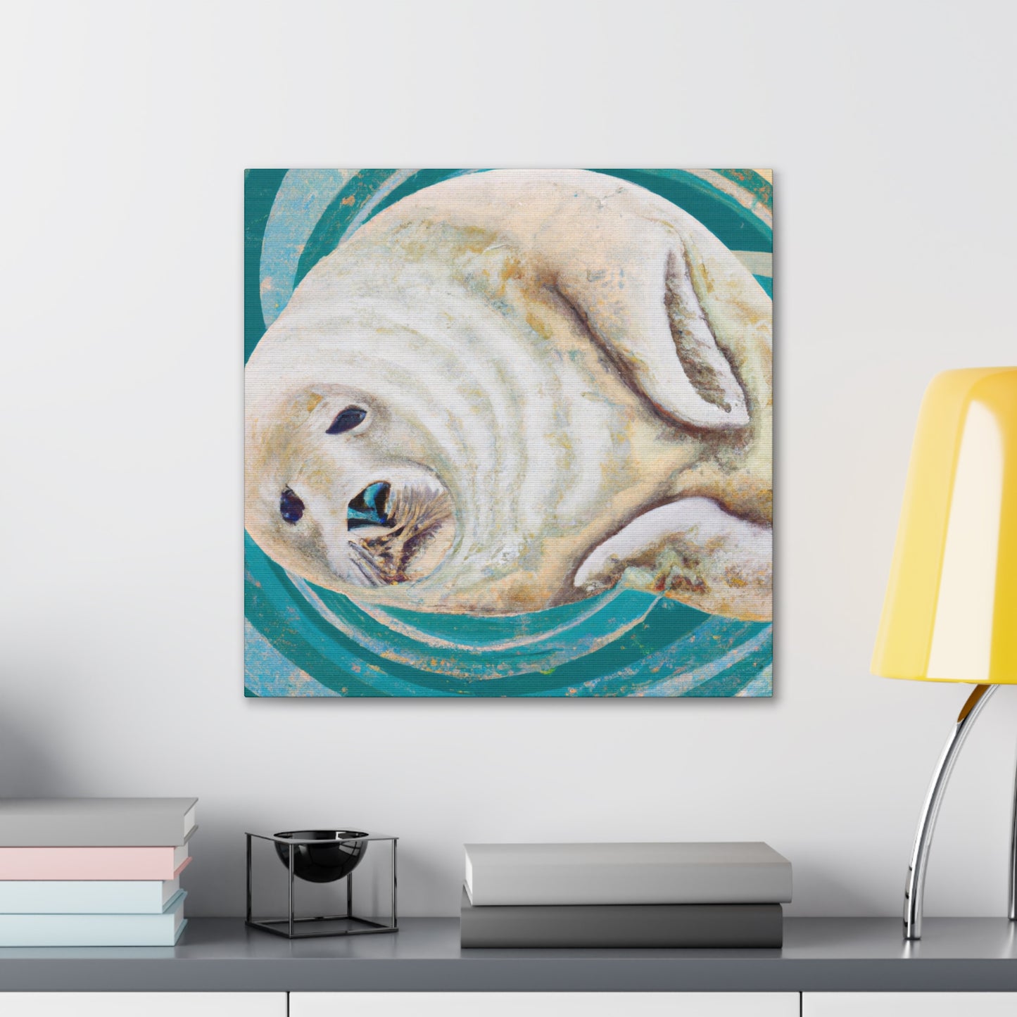 The Art Deco style of the 1920s was characterized by its geometric, symmetric shapes, sleek lines, and bold colors. The smooth, curved shapes of a Harp Seal would certainly have fit in with this style, and the white - Canvas