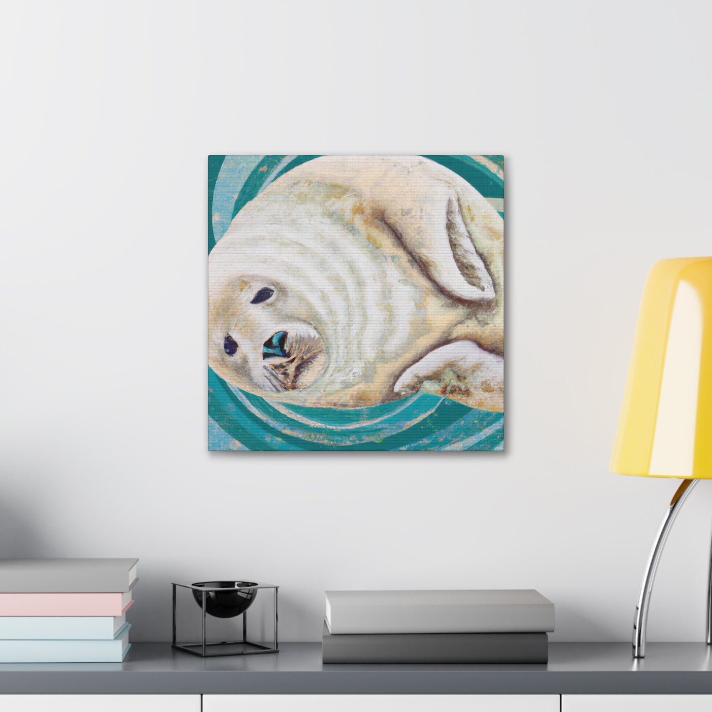 The Art Deco style of the 1920s was characterized by its geometric, symmetric shapes, sleek lines, and bold colors. The smooth, curved shapes of a Harp Seal would certainly have fit in with this style, and the white - Canvas