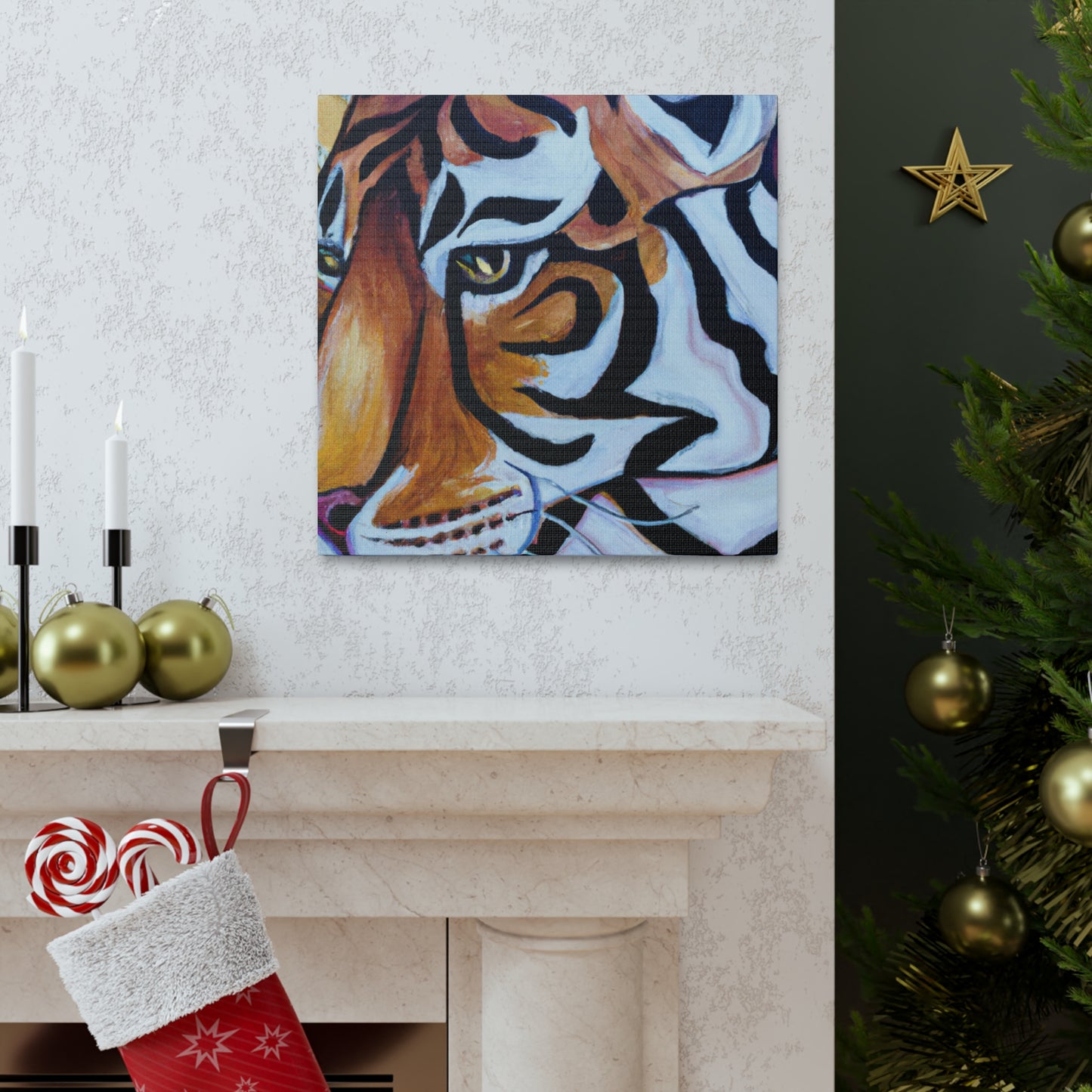 The Bengal tiger has become an iconic symbol of style and elegance in the Art Deco era of the 1920s. Its beautiful orange and black stripes, strong features, and fierce demeanor would all work to create a powerful and stylish motif. This could - Canvas