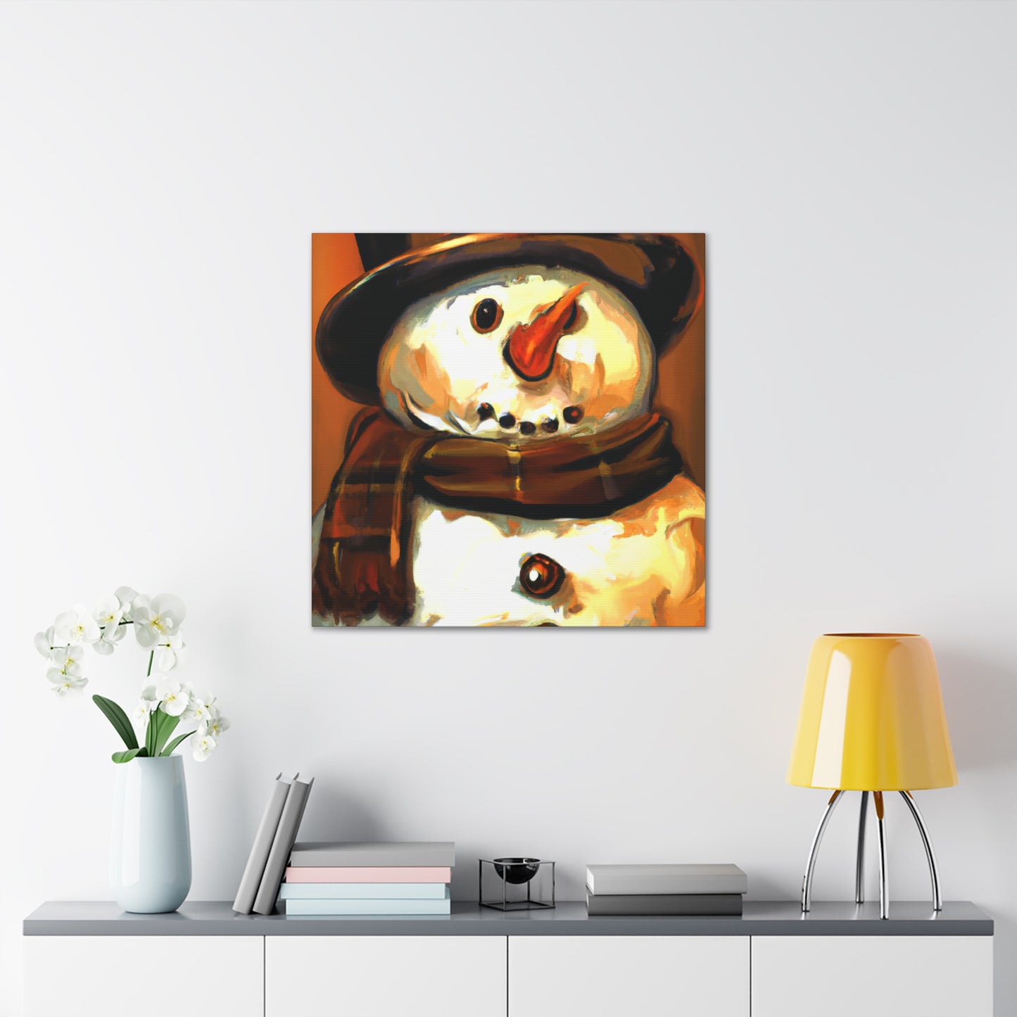 "Snowman In Winter Scene" - Canvas