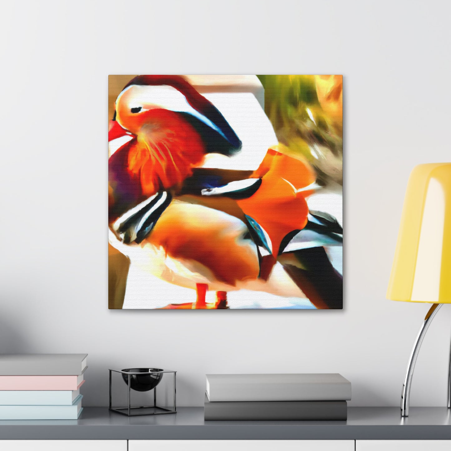 The mandarin duck, native to East Asia, became a popular motif in Art Deco aesthetics of the 1920s. Representing a symbol of love and fidelity, the Mandarin duck became popular because of its striking colors and graceful posture. The - Canvas