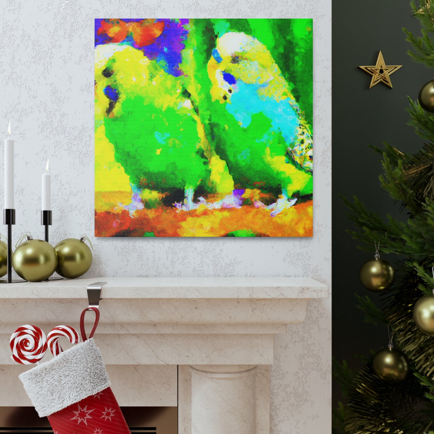 Budgies in Bloom. - Canvas