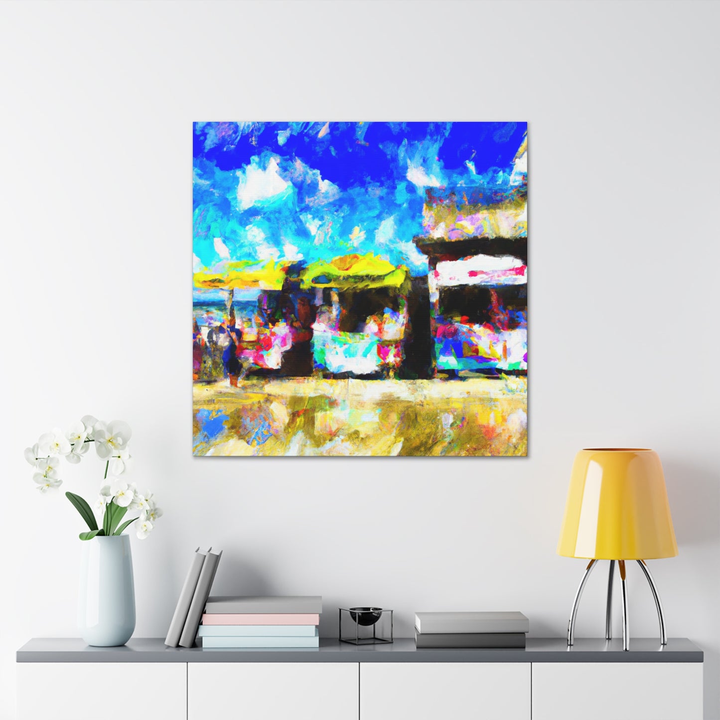 "Sunlit Seaside Shops" - Canvas