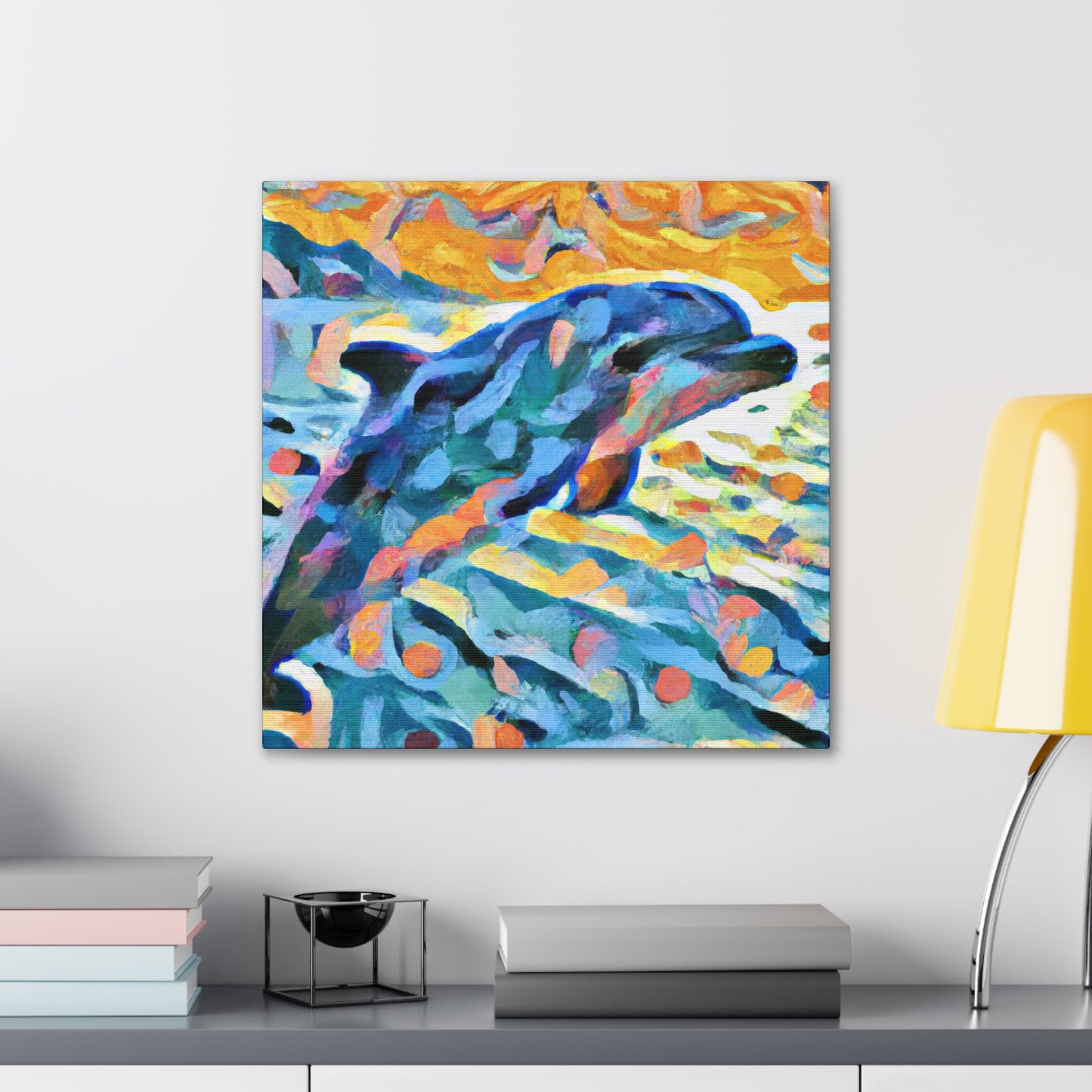 "Dolphin at Sunrise Scene" - Canvas