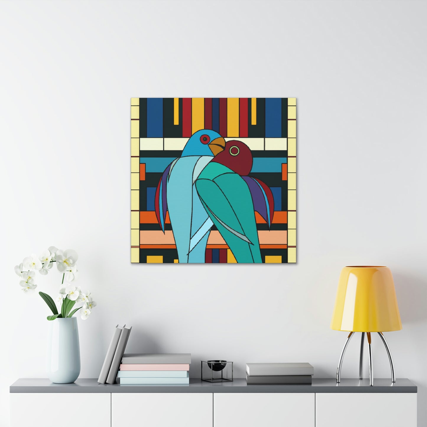 "Vibrant Lovebirds Symphony" - Canvas