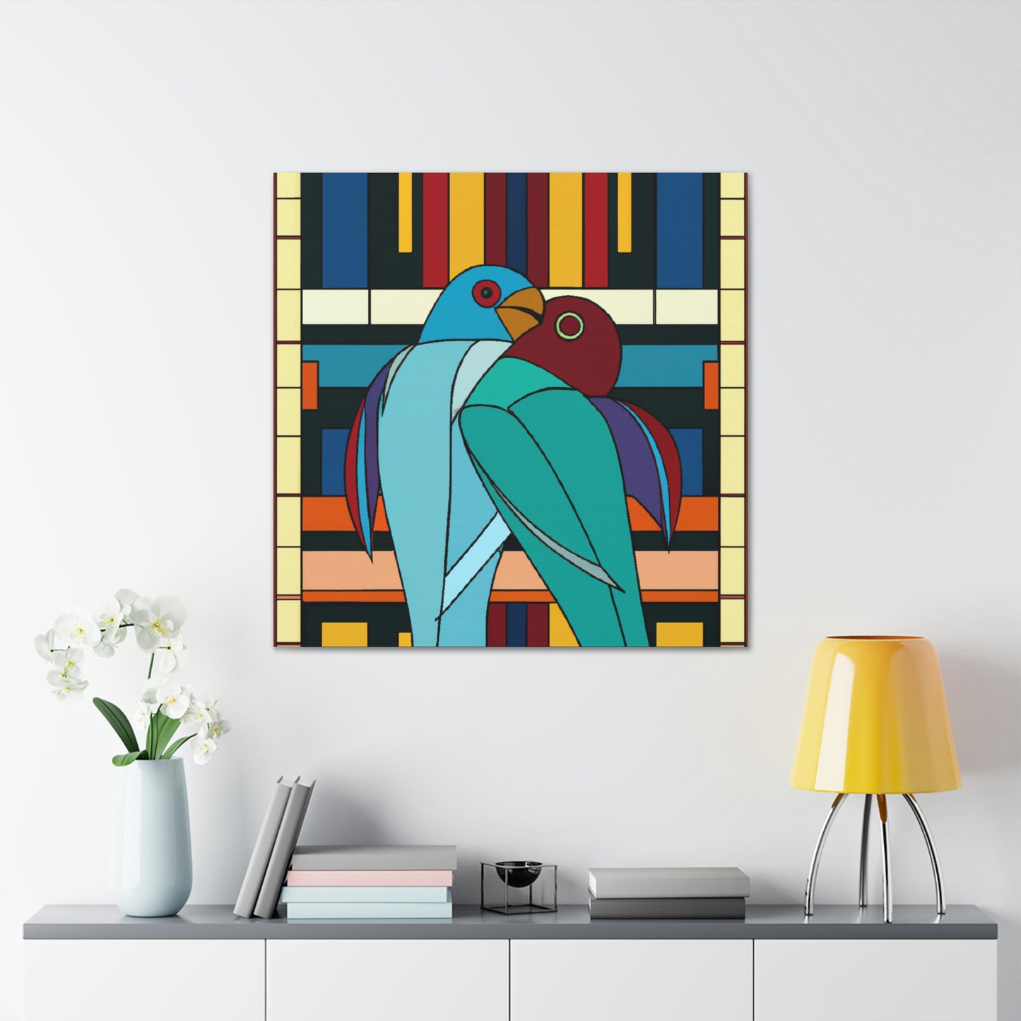 "Vibrant Lovebirds Symphony" - Canvas