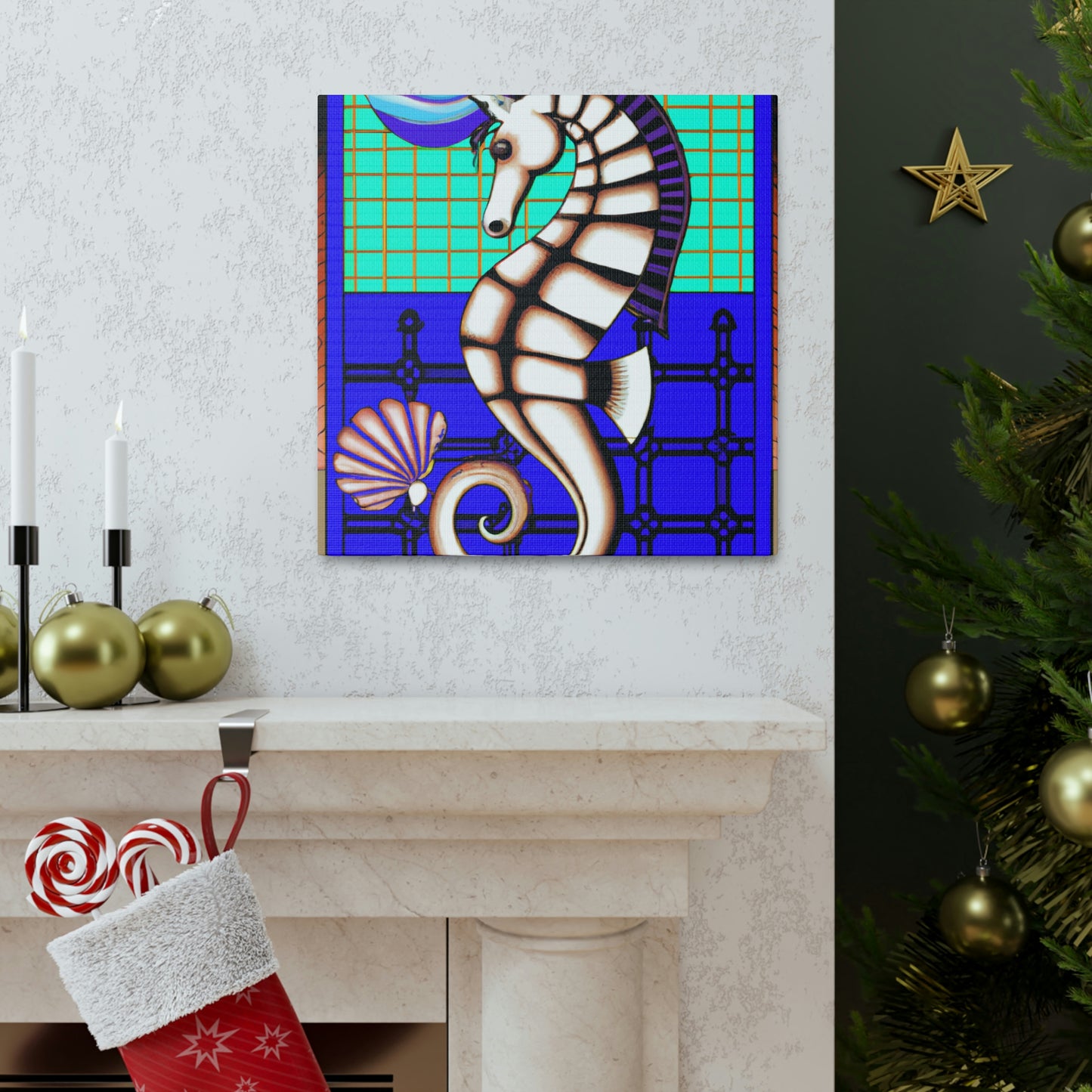 "Shimmering Art Deco Seahorse" - Canvas