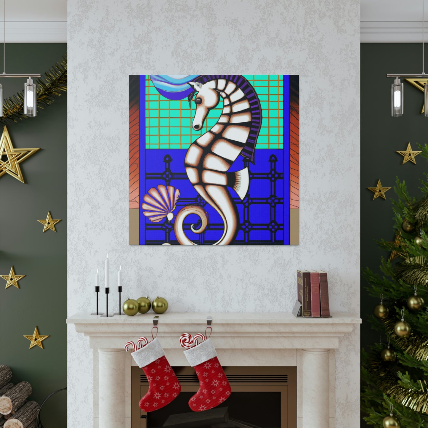 "Shimmering Art Deco Seahorse" - Canvas