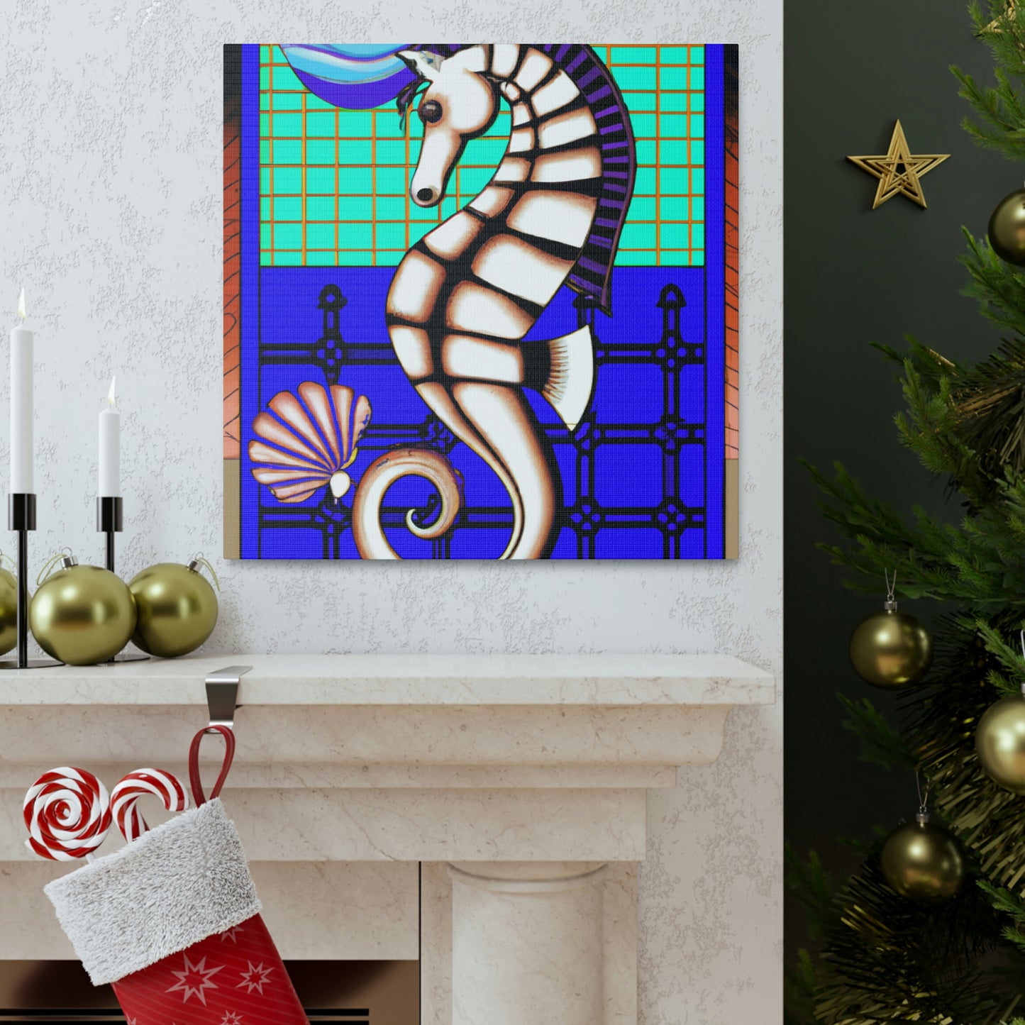 "Shimmering Art Deco Seahorse" - Canvas